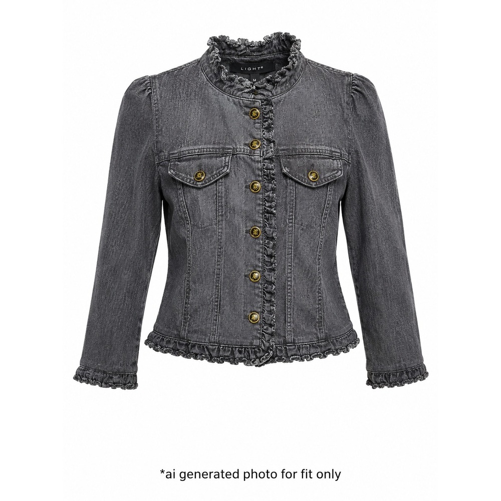 Light‎ Ruffle Trim Button Front Denim Jacket Women Medium Dark Gray